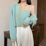 Zingj Dress 2024 New Women's Suit Bump Color Plaid Knit Cardigan Top Hot Girl Pure Desire Wind Sling Two-Piece Set-Outfit