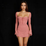Sexy Bandage Hollow Mesh Mini Dress for Women Night Club Party Bodycon Dress Low Cut Halter Solid Long Sleeve Pink