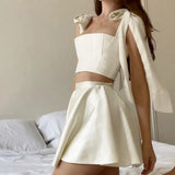 Lady Satin Two Piece Set Sexy Backless Bandage Strp Corset Crop Top High Waist A-line Skirt Women Summer Holiday