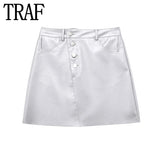 Silver Mini Skirts For Women Faux Leather High Waist Short Skirt Woman Fashion Pockets Streetwear Y2k Women's Summer