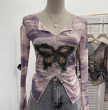 Real Shooting Amount Of Bumpy Tulle Spliced Denim Butterfly Design Sunscreen Coat V Collar Short T-Shirt