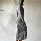 Long Sleeve Hooded Patchwork Skinny Maxi Dress Autumn Winter Women Fashion Streetwear Casual