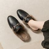 Half Slippers Woman 2025 Winter Real Rabbit Hair Round Head Lazy Man One Foot Outside Wearing Flat-Soled Muller Shoes Large-Size