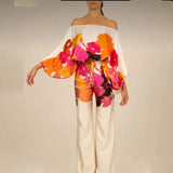 2025 New Set Women's Printed Round-Neck Loose Bat Sleeves Wide Leg Trousers Fashion