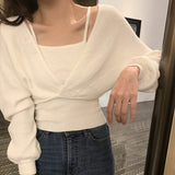 Vintage Fake Two-piece T-shirt Long Sleeve Halter Black Tops Knit Slim Sweater Tops Women Autumn Sexy Female Tee
