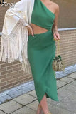 2023 Cut Out Long Dress Women Asymmetric Green Sleeveless Dress Woman Ruched Off Shoulder Midi Summer Elegant Party