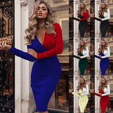 V Neck Dress Women Long Sleeve Print Skinny Wrap Bodycon Party Dress Spring Autumn Sexy Slim Office Ladies Dresses