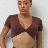 V-neck Sporty T-Shirts Women Sportswear Gym Sport Shirts Short Sleeve Top for Fitness Workout Clothing Female Yoga Crop