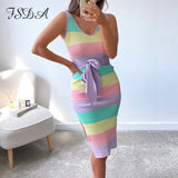 2021 Summer Stripe Knitted Bodycon Dress Midi Women Blue Sexy V Neck Elegant Bandage Casual Sleeveless Party