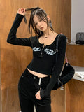 Grunge Tee Tops Retro Graffiti Print Elastic T Shirt Women Sexy Slim Crop Top Ribbed Long Sleeve O-neck Tops