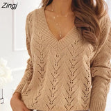 PETAL Knit V-neck Sweater For Woman Brown Casual Loose Long Sleeve Waistcoat 2023 Spring Autumn Pullover Tops