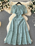 French Vintage Casual Lace Dress O Neck Butterfly Sleeve Zipper Hook Flower Hollow Fashion Slim Embroidery Long