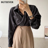 Casual Turn-down Collar Women Solid Blouses Tops 2021 Autumn Full Sleeve Pocket Female Shirts Elegant Ladies