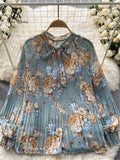 Korean Print Chiffon Shirt Bow Neck Long Sleeves Loose Leopard Top Casual Paisley Vintage Floral Blouse Spring