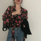 Women Retro Floral Chic Chiffon Spring Fall Fashion Korean Ladies Blusas Mujer Lace-up Design Soft Female Shirts Top