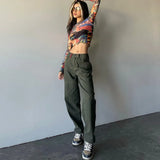 Women's Jeans High Street Retro Green Straight Leg Women's Patchwork cargo jeans high waisted jeans y2k jeans xs