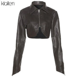 Fashion Casual Turn-down Collar Zipper Slim PU Leather Coat For Women Streetwear Short Jacket Solid Black Y2K
