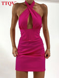 Sexy Halter White Dress Woman Summer Bodycon Sleeveless Hollow Out Mini Dress Ladies Elegant Slim Backless Party