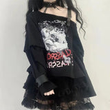 Y2k Gothic T Shirt Women Black Long Sleeve Detachable Harajuku Punk Graphic Tees Gothic Strapless Grunge Tops
