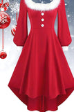 Women Christmas Dress Elegant Puff Long Sleeve Faux Fur Collar Midi Party Costume Xmas New Year Festival