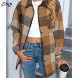 PETAL Plaid Button-Front Oversized Shacket Coat For Woman Casual Loose Long Sleeve Jacket Top 2023 Female Outerwear