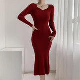 Zingj And Winter French Dress Long Bottomed V-Collar Woolen Dress Slim And Thin Knitted Fishtail