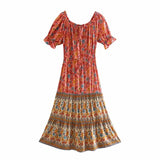 Queens Women Floral Print Short Sleeve Beach Bohemian Maxi Dresses Ladies Off Shoulder Boho Dress
