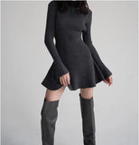 Neck Solid Knitted Ribbed Mini Dress Women Elegant Long Sleeve Slim Fit Short Dress 2023 Autumn Fashion Female Party