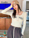 Grunge Tee Tops Retro Graffiti Print Elastic T Shirt Women Sexy Slim Crop Top Ribbed Long Sleeve O-neck Tops Korean
