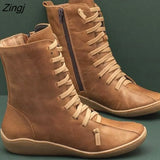 Women Autumn Vintage Zipper Lace Up Ankle Boots Ladies Retro Leather Shoes Woman High Top Shoes Women's Female Fashion