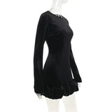 Black Velvet Long Sleeve Puff Trim Bodycon Mini Dress- Outfit