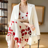 New Chiffon Suspender Dress Women's Waist V-neck Printed Over-The-Knee Floral Dress Retro Outer