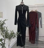 Design Sexy High Open Fork Folded Small Squint Dress Half-High Collared Shoulder Dress