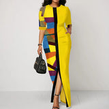 Summer New Elegant Printed Patchwork Pocket Slim Slit Long Dress Women Short Sleeve Evening Party Robe Dresses