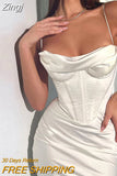 Summer Women Solid Satin Strap Corset Midi Dress Bodycon Sexy Streetwear Party Elegant Club Festival Evening