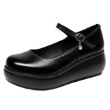 Skin Round Head Heel Slope And Shallow Mouth Single Shoes Waterproof Table Casual Leather Shoes Buckle With Loose Cake Thick-Soled Shoes Women
