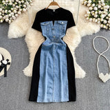 Zingj And Winter Korean Version Of The Socialite Temperament Short Sleeve Round Collar Waist Show Thin Jeans Splicing A-Word Dress Casual T-Shirt