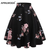 Line Midi Floral Retro Skirt High Waist Cotton Vintage Women School Flower Print Elegant Pleated 50S Swing
