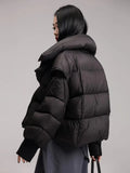 Niche Knit Splicing Large Lapel Down Jacket Female 2024 Winter Fashion High Luxury Large Magnetic Suction Button Thermal Coat-Outfit