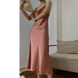 2022 Summer Vintage Women Satin Slip Dress with Slit Black Spaghetti Strap Silk Sexy Long Party