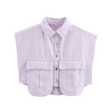 Color Women's Clothing 2025 Spring Solid Color Big Pocket Sleeveless Polo Collared Denim Shirt
