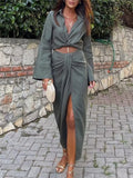 Knot Pencil Long Skirt Women High Waist Pleated Split Skirt Sets Streetwear Summer Skirts Woman 2023 Elegant Midi