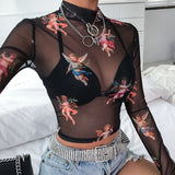 Zingj Sleeve Cupid Print T-Shirt Girl Autumn Burst Half High Collar Mesh Crop Street Top Girl-Outfit