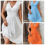 New Lotus Leaf Sleeve Elegant Thin V-Neck Women's Fashion Fashion Hollow Dress Dress