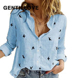 Long Sleeve Birds Print Loose Shirts Women Oversized Cotton and Linen Blouses and Tops Vintage Streetwear Tunic