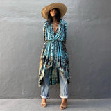 Sexy Black Retro Striped Batwing Sleeve Self Belted Plus Size Long Kimono Tunic Women Tops and Blouses Shirts