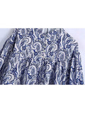 Women Vintage Printed Shirt Long Puff Sleeves O-neck Casual Chic Lady High Fashion Blouses Woman