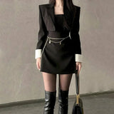 Black Two Piece Dress Set Women Blazer Coat+Strap Dress Set Female Casual Korean Fashion Slim Elegant Dress Suit