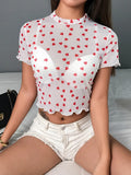 Mesh Heart Turtleneck T Shirts Tops Women Transparent 2023 See Through White Black Elastic Skinny Crop Tops Stretchy