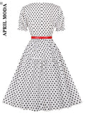A Line Swing Party Dress With Belt Short Sleeve Polka Dot White Sundress Kawaii Elegant Bandage 50s Rockabilly